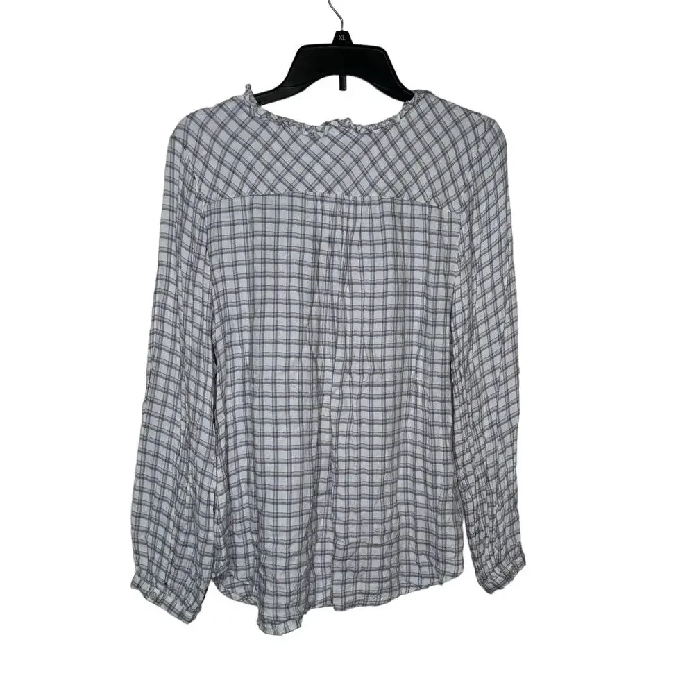 Talbots Women's Top‎ Ruffle Neck Plaid Rayon Button Long Sleeve Pink/Gray Large